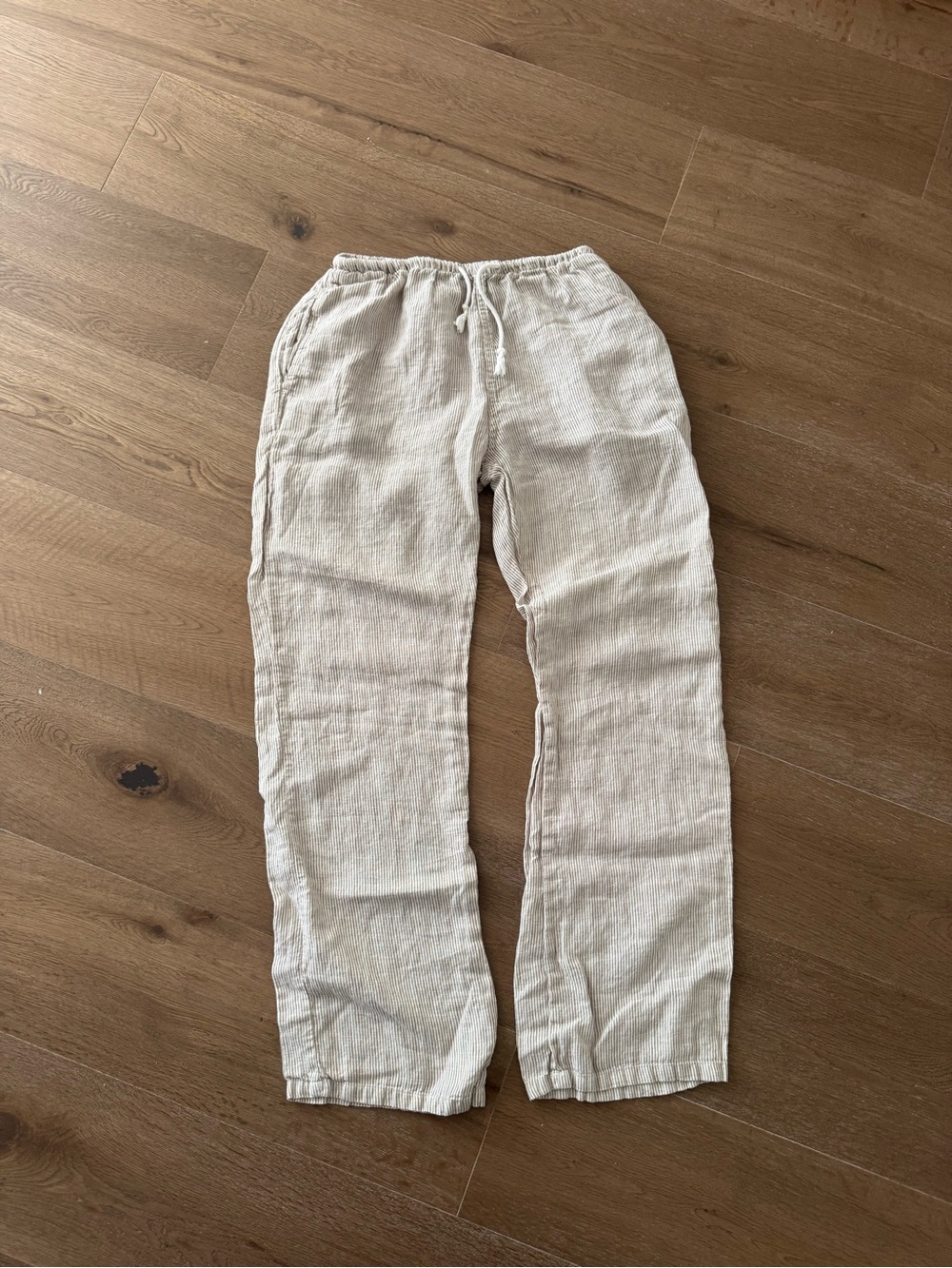 Casual Drawstring Pants in Light Beige pinstripe